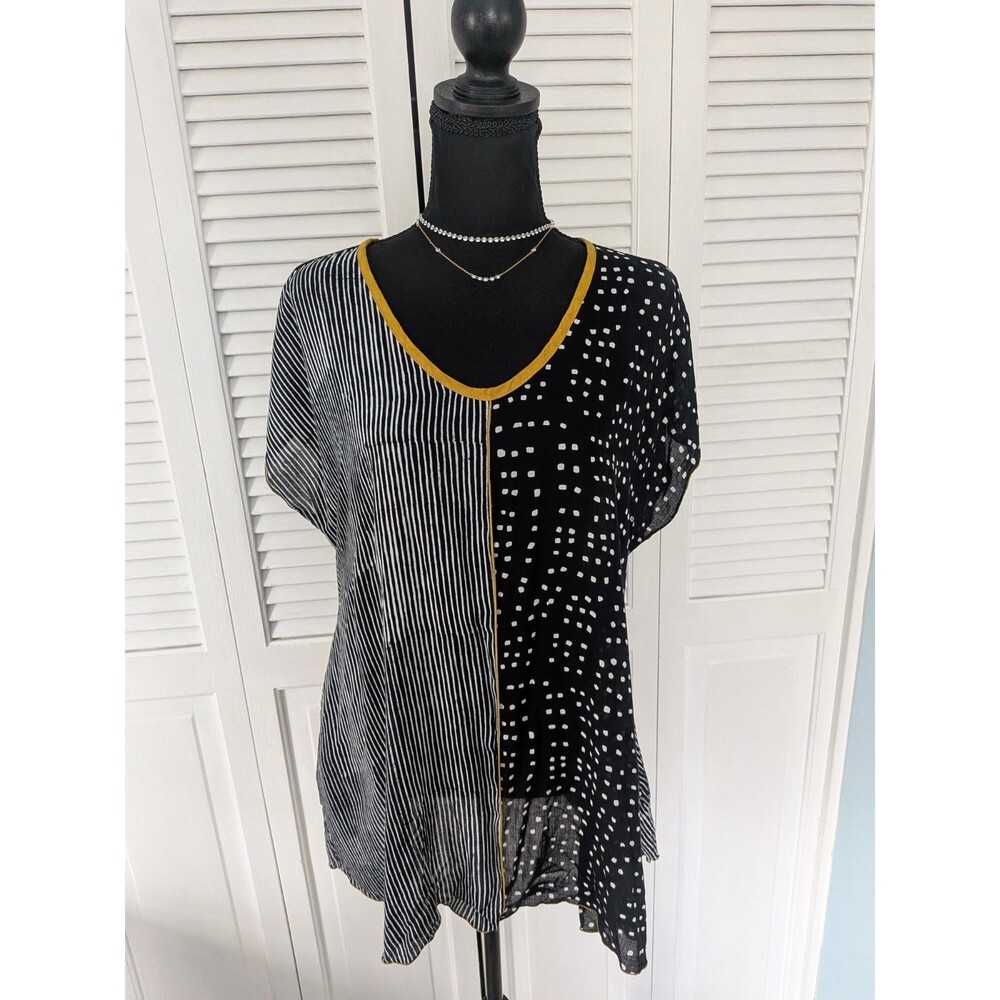 Iguana Tunic Blouse Womens M Black Gold Art To Wear Stripe Polka Dot Pocket Top